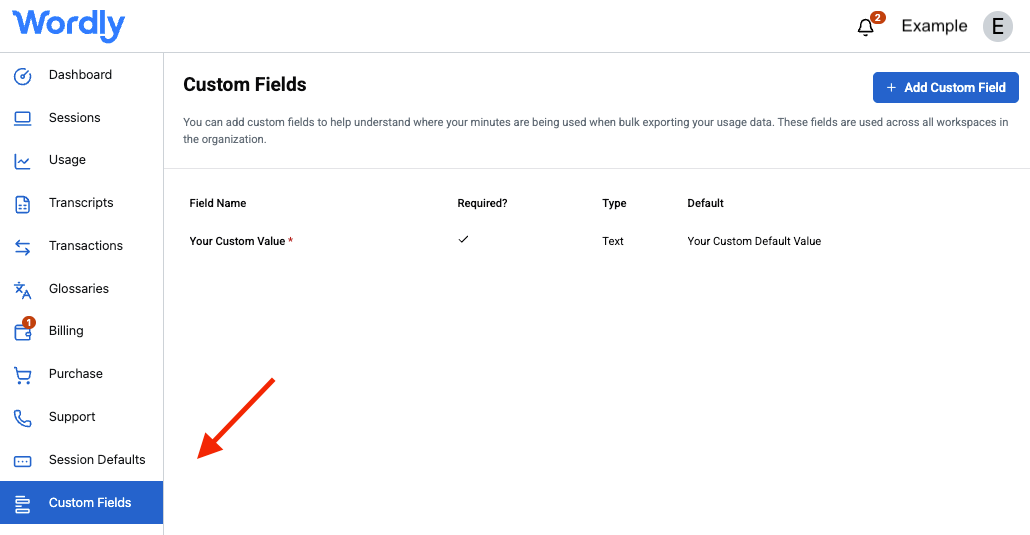 Wordly Portal view with Custom Fields panel open