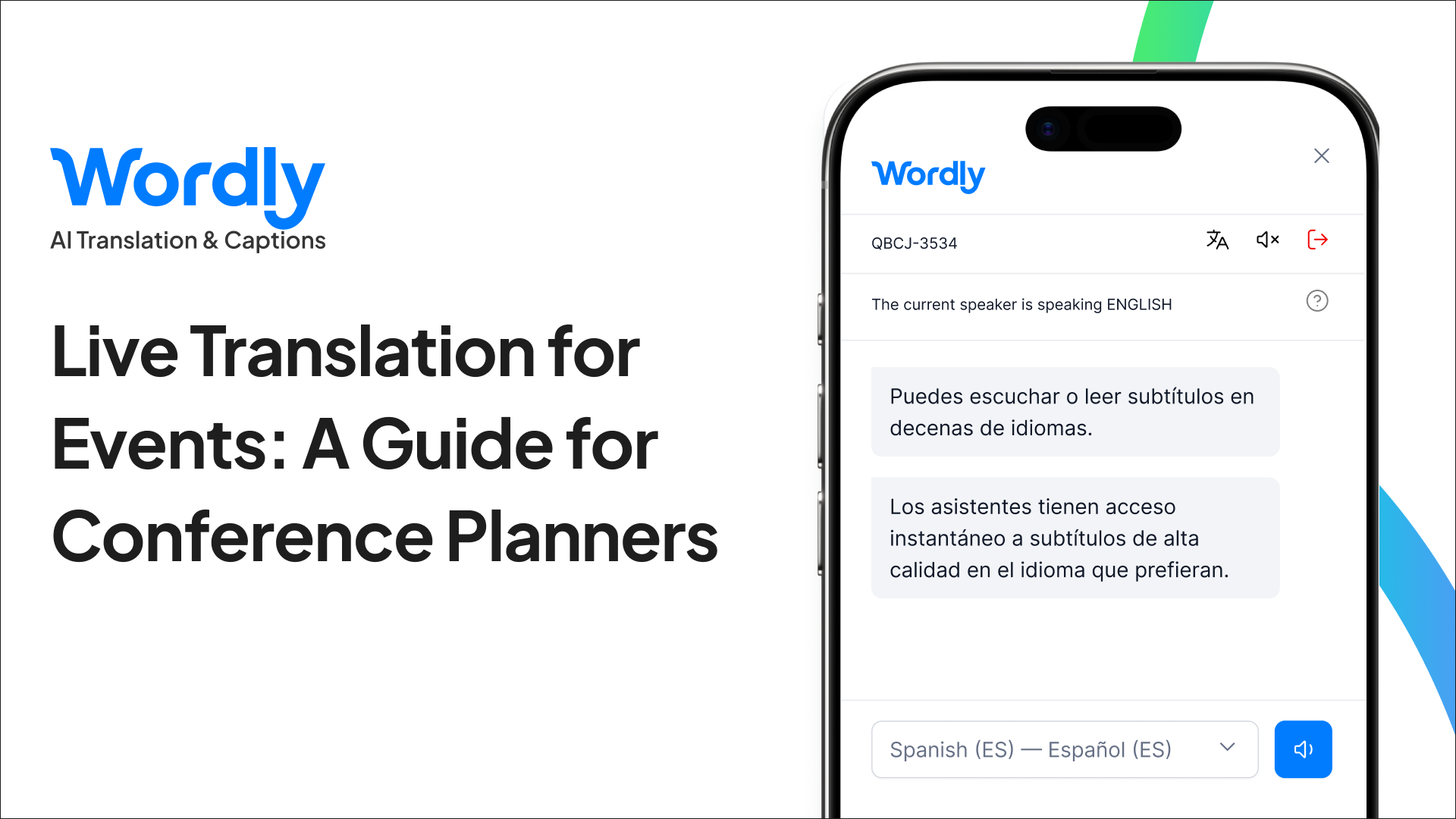 Live translation for events guide cover image showing the Wordly app on a phone
