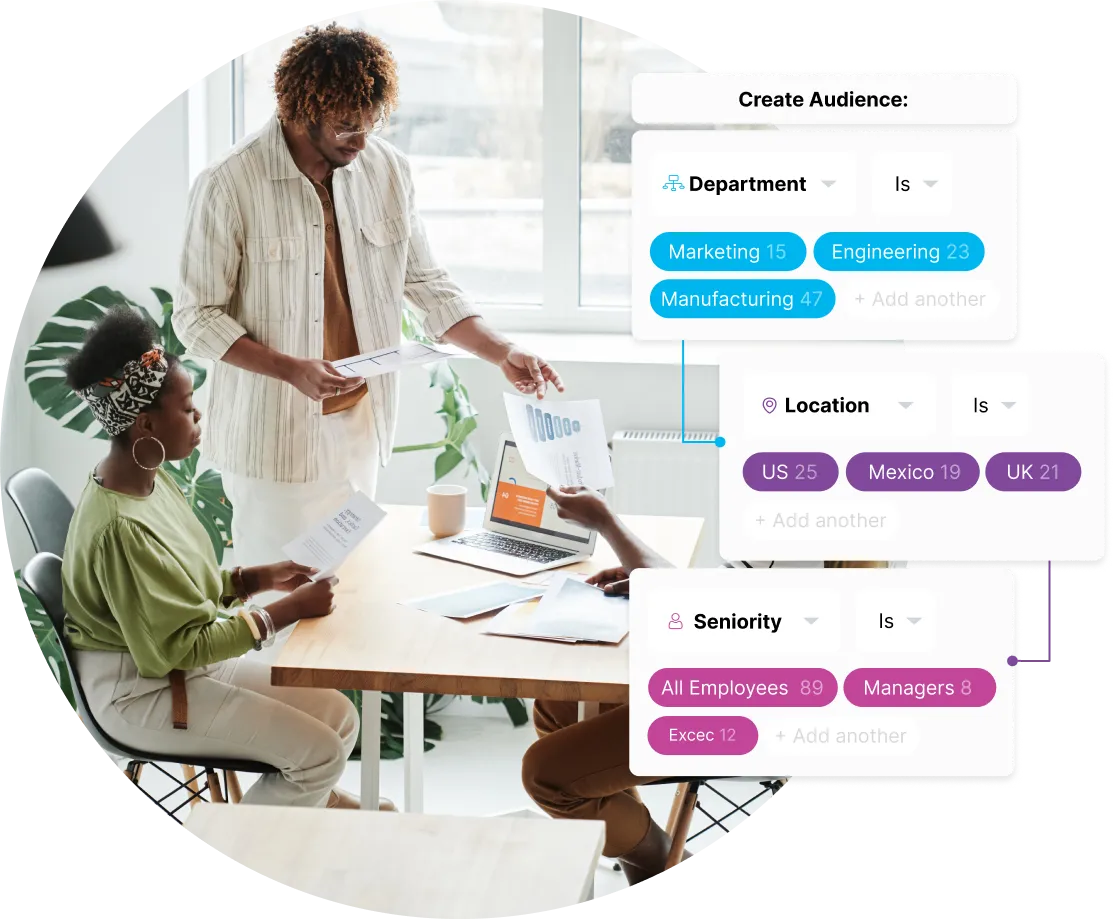 ChangeEngine audience builder segmenting employees by department, location and seniority from HRIS data