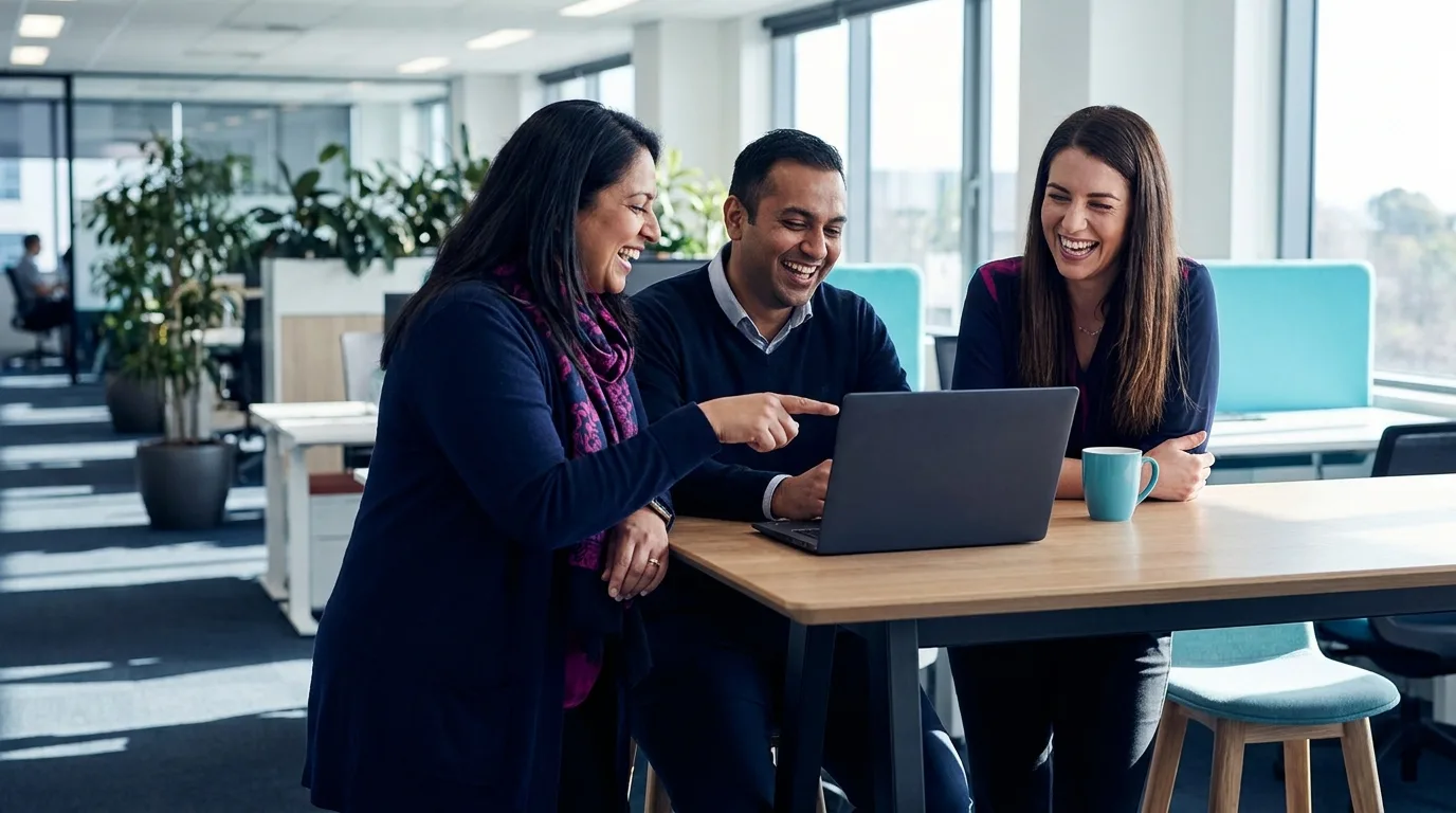 A People team of three laughing together around a laptop in a bright office