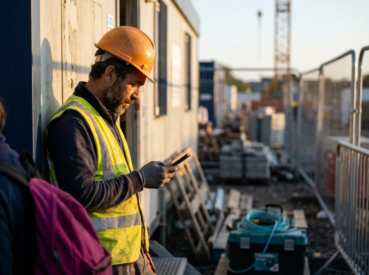 A construction worker checking a message on his phone outside a site trailer