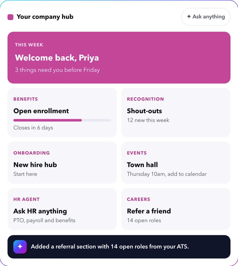 Employee hub with benefits, recognition and onboarding tiles