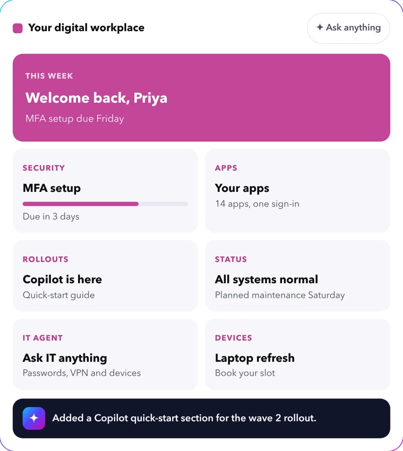 Digital workplace hub with apps, security and status