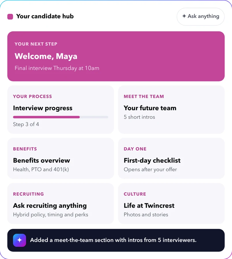 Candidate hub with interview prep and team intros
