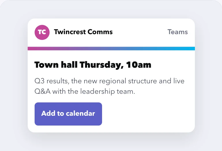 Town hall announcement card in Microsoft Teams