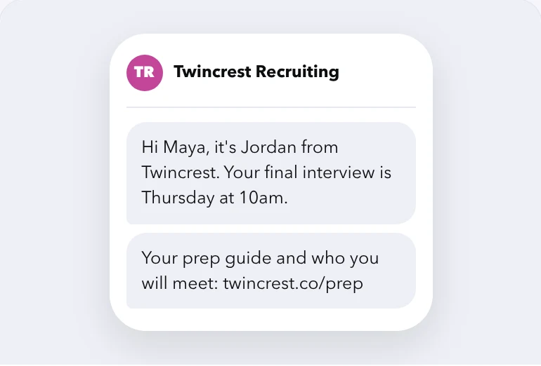 Interview reminder text sent to a candidate