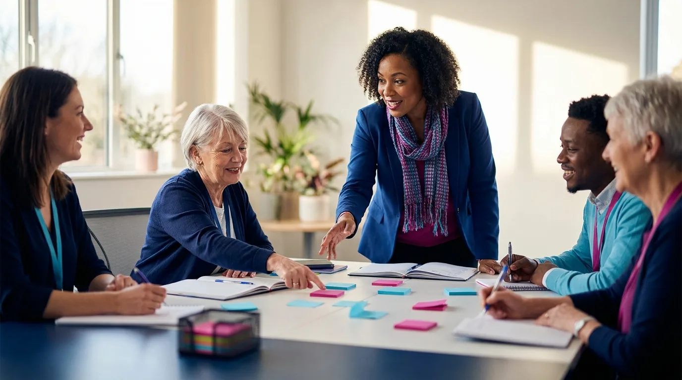 A learning lead running a small workshop around a table