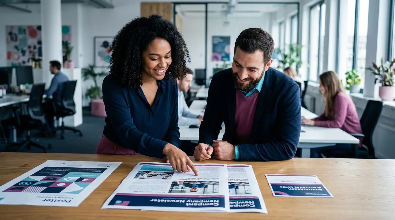Two internal comms colleagues reviewing printed newsletter and poster proofs on a table