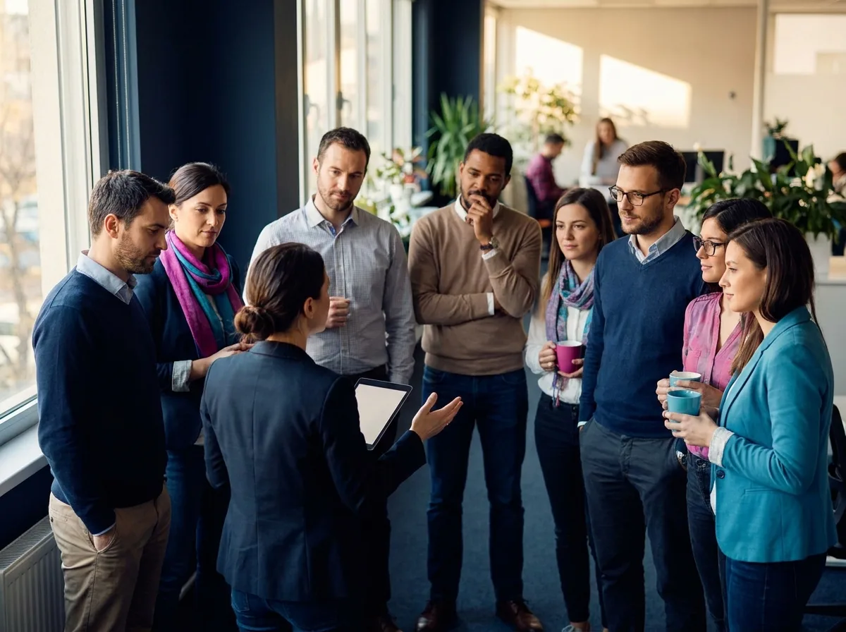 A department leader briefing her team in a morning huddle