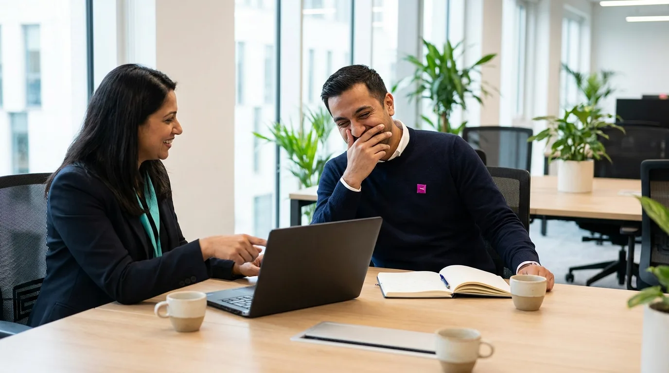 Two recruiters reviewing candidates together at a bright desk