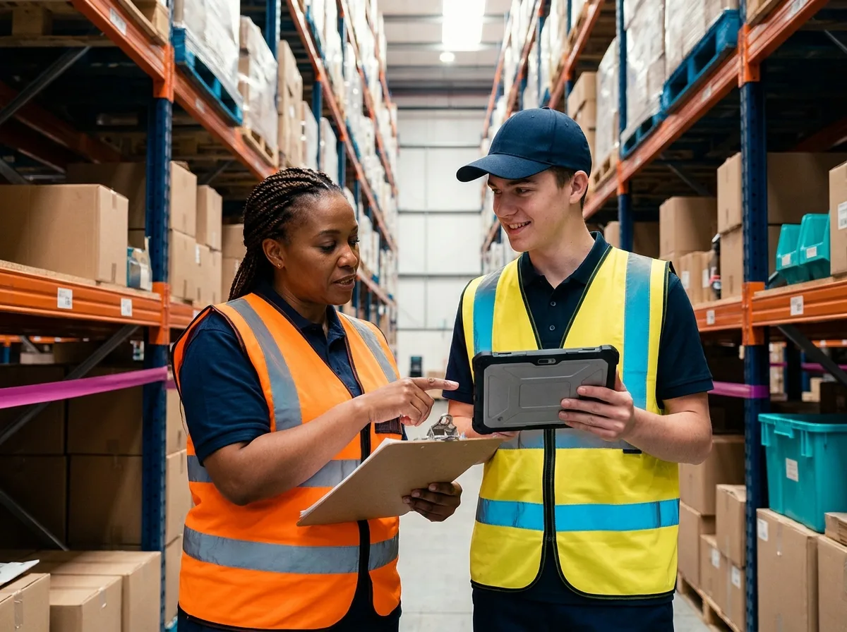 A warehouse supervisor coaching an employee on a tablet