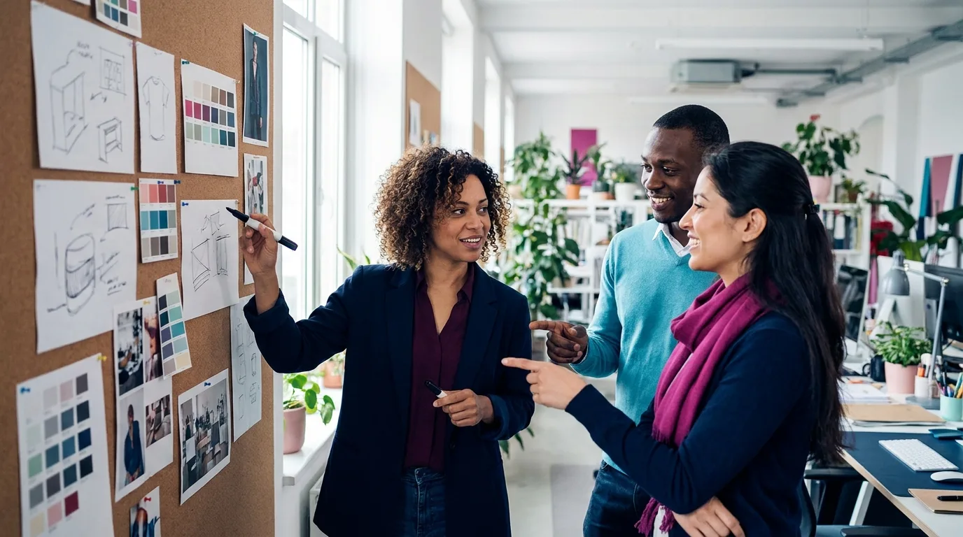 A brand team reviewing a campaign storyboard on a studio wall