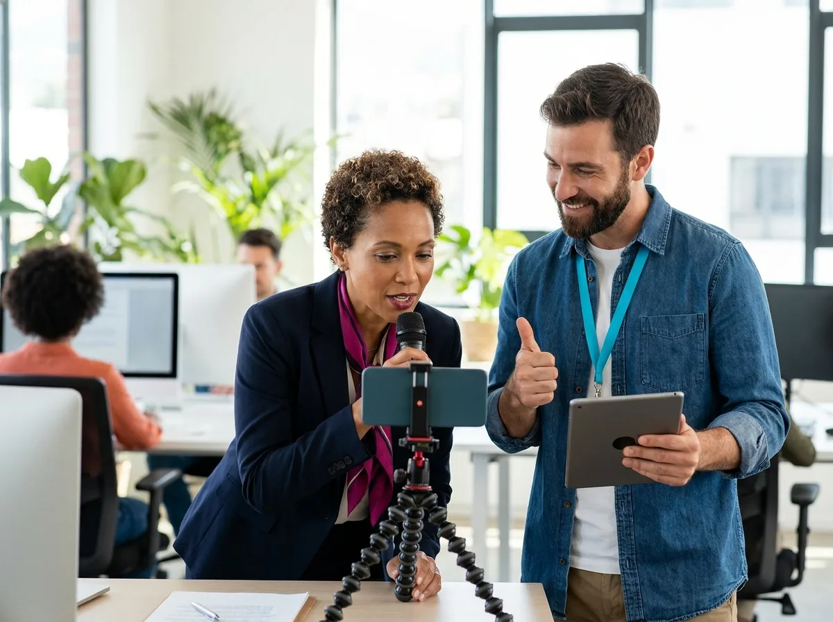 A CEO recording a short video update with a comms colleague