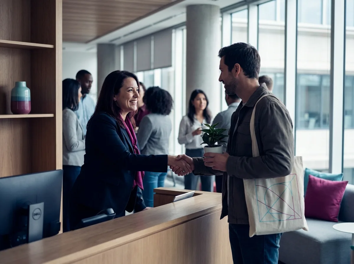A hiring manager welcoming a new hire on day one