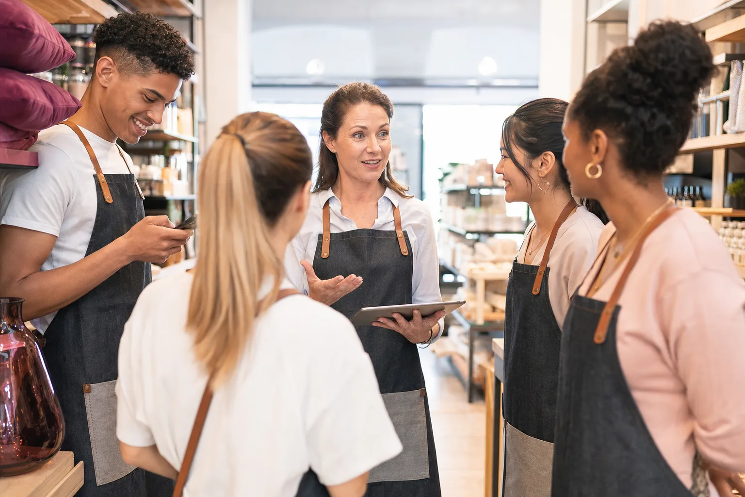 A store manager running a pre-shift huddle while an associate reads a message on his phone