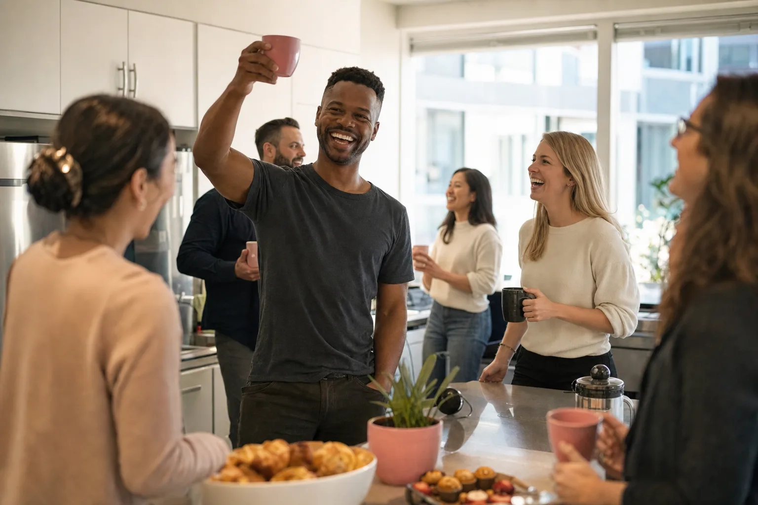 A team laughing together in a bright office kitchen during a Friday team moment