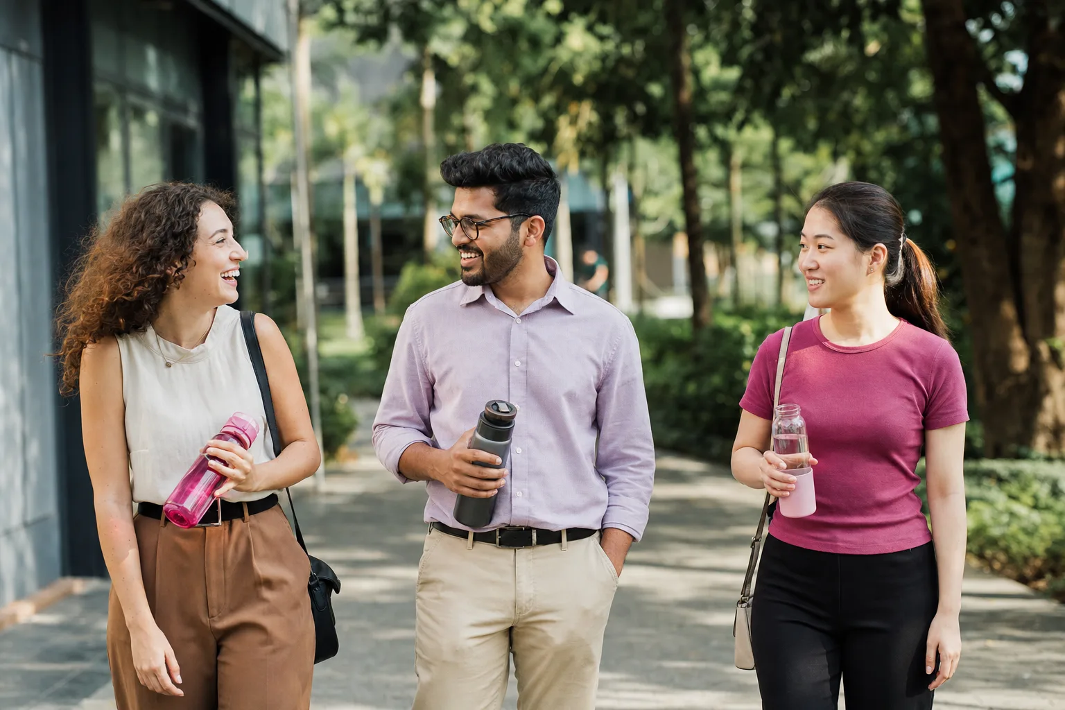Colleagues on a lunchtime walk together outside their office