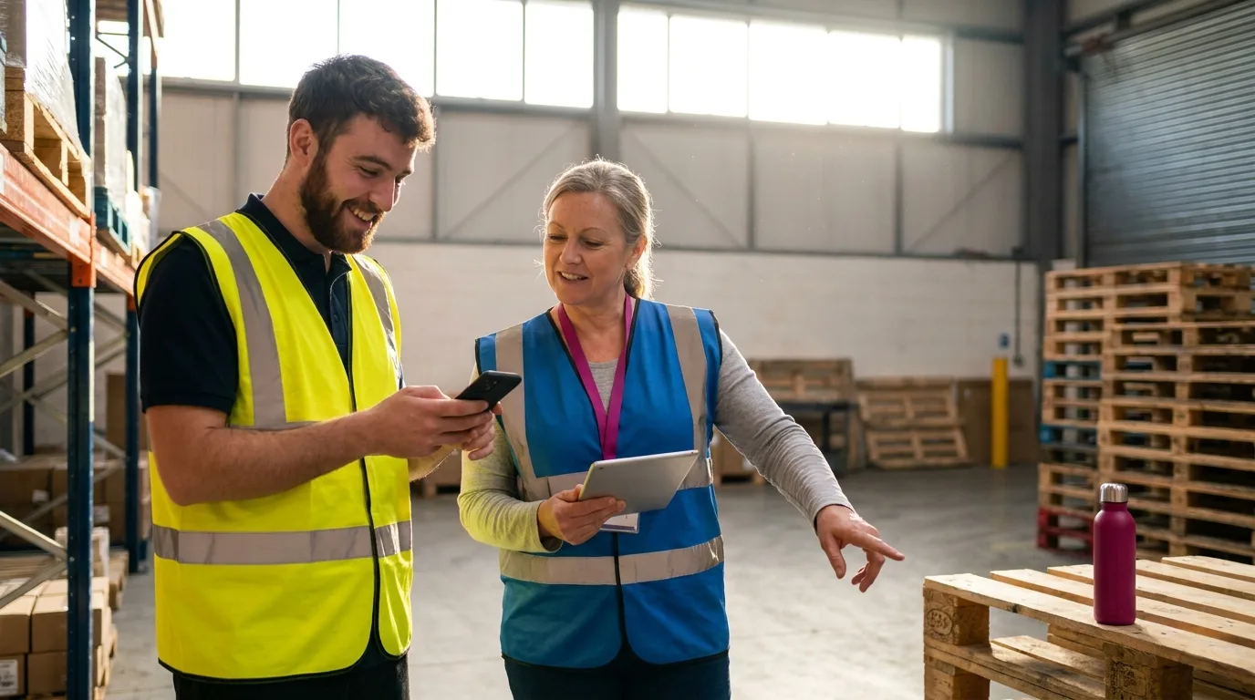 A new hourly hire in a hi-vis vest smiling at a text on his phone while a shift lead stands beside him in a warehouse