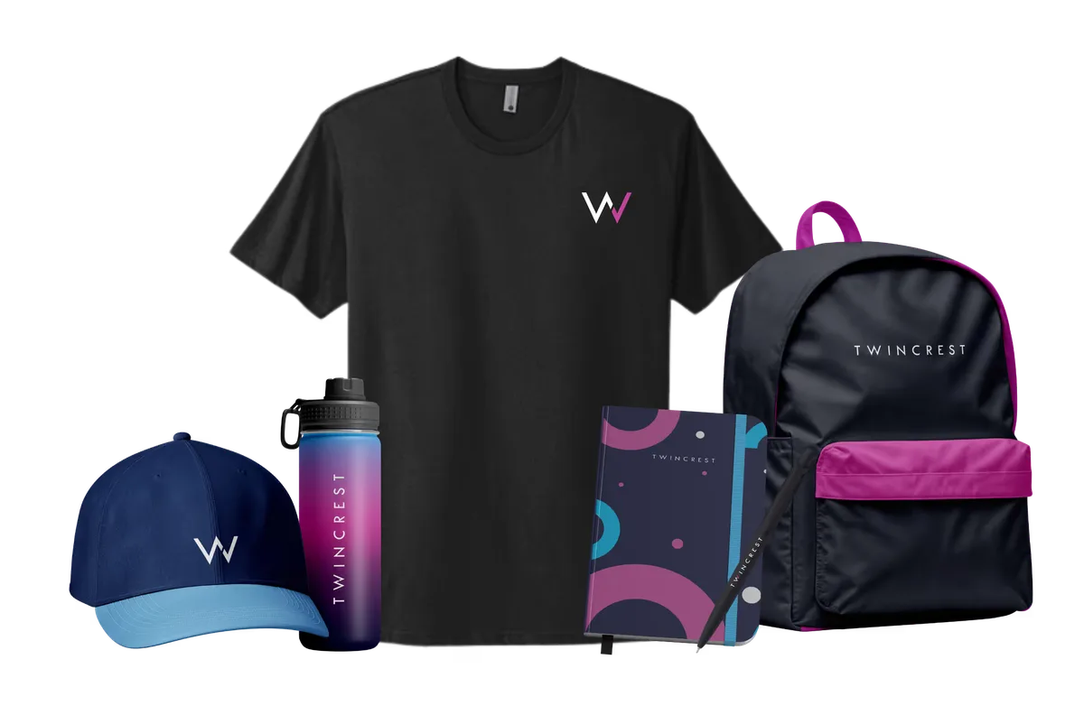 Branded welcome swag: t-shirt, cap, water bottle, notebook and backpack
