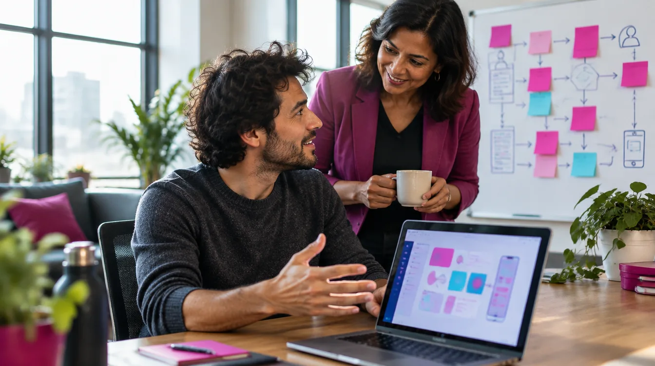 A forward deployed engineer walking an HR leader through a custom app in front of a whiteboard user flow