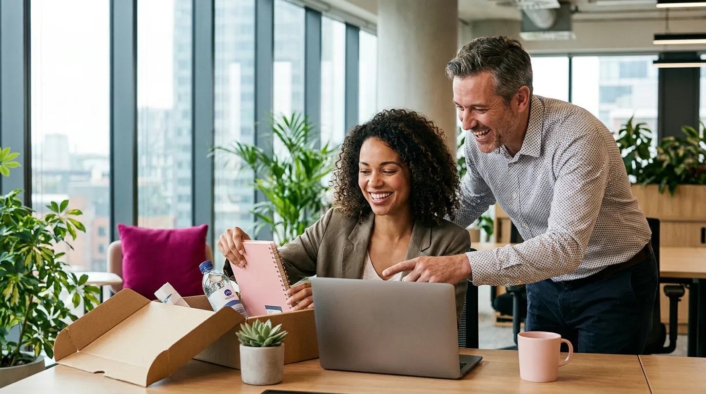 A new hire on her first day unpacking a welcome kit at her desk while her manager points to her laptop