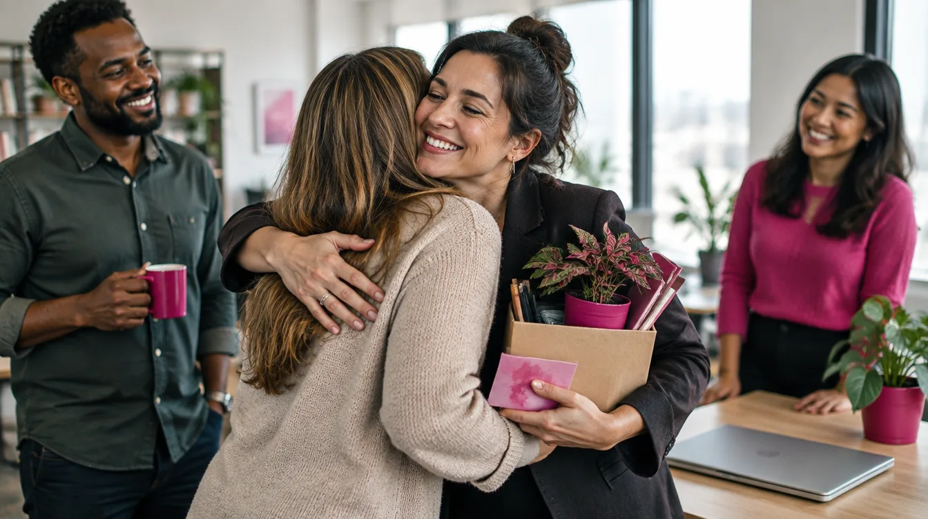 An employee on her last day hugging a teammate goodbye while colleagues smile