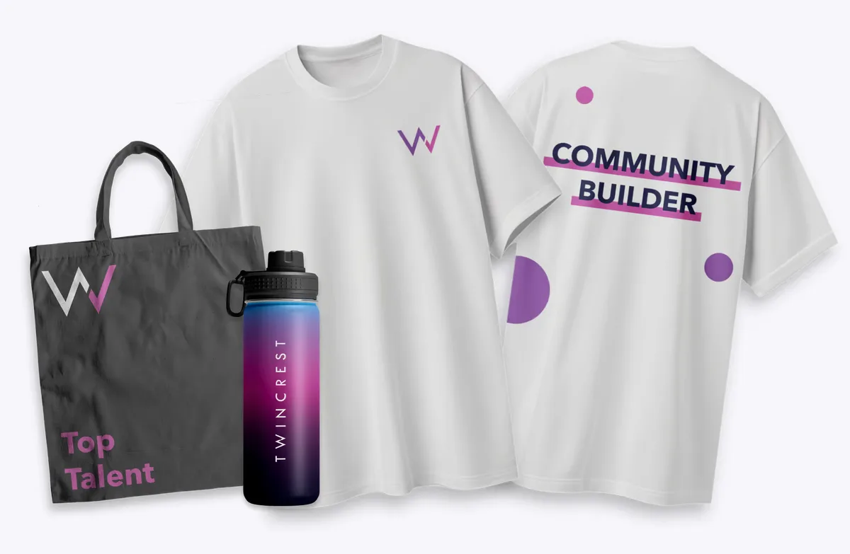 Branded swag: t-shirt, tote bag and water bottle