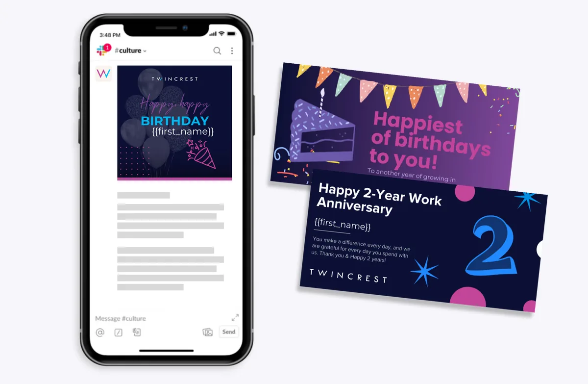 Birthday and work anniversary messages on phone and email