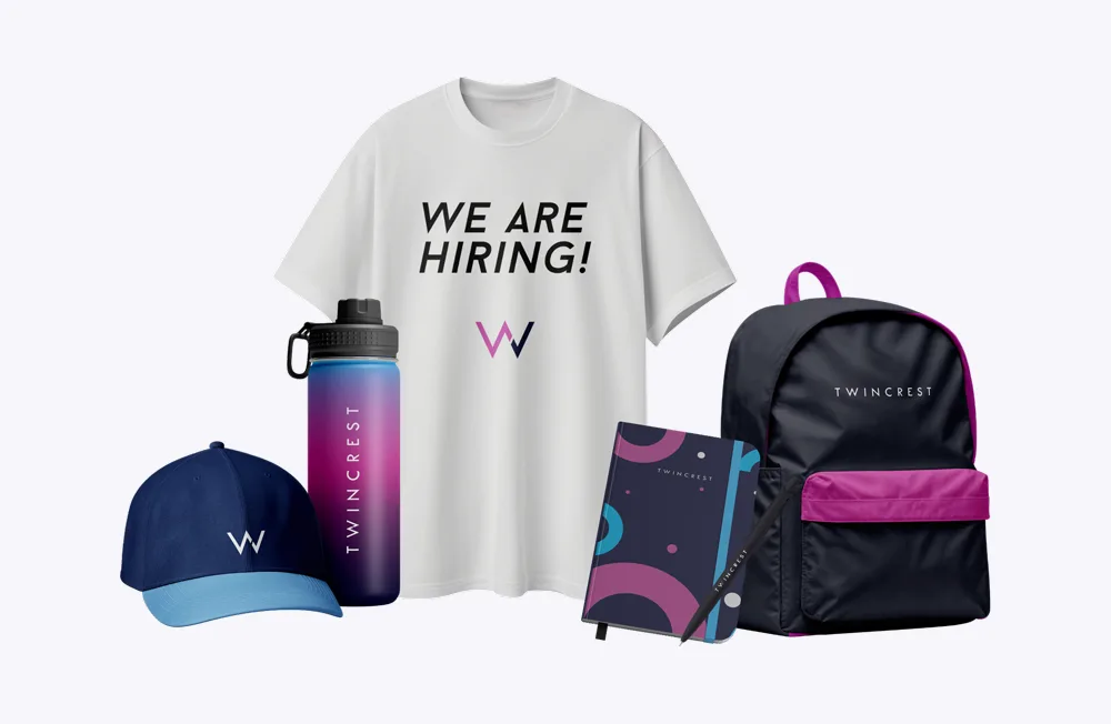 Branded swag with a we're hiring message