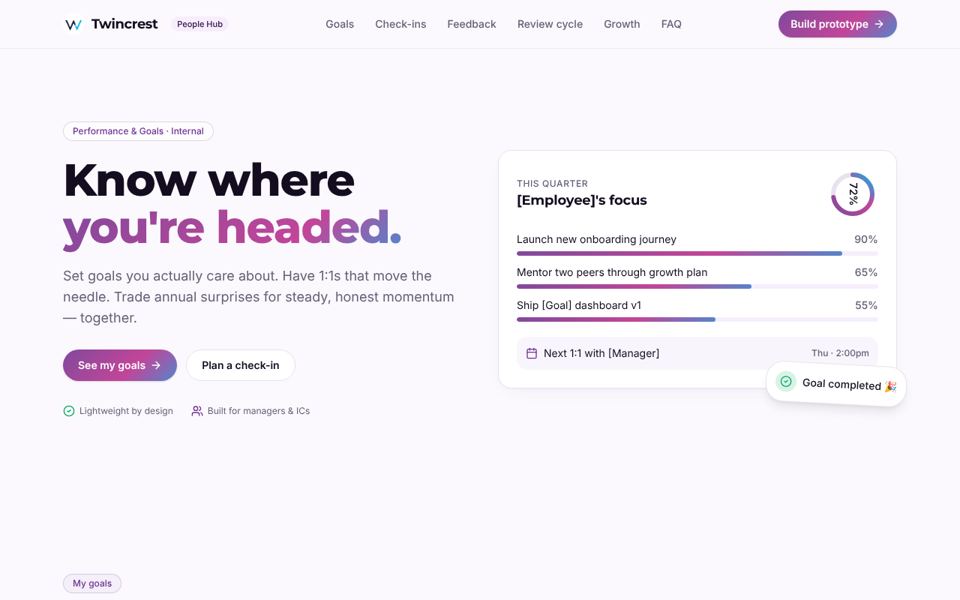 Goals and check-ins app showing quarterly focus and progress