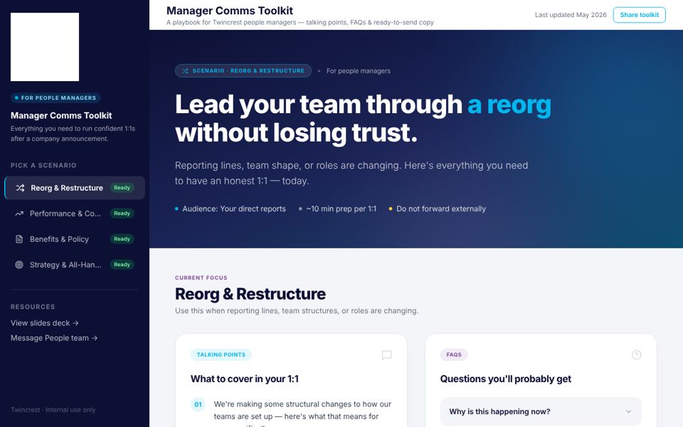 Manager comms toolkit for leading a team through a reorg