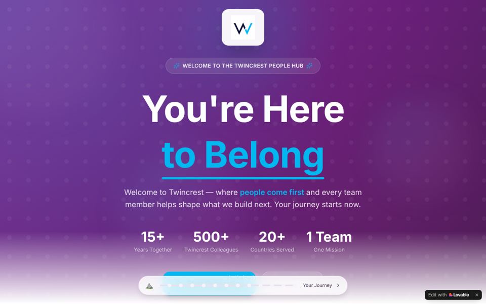 Twincrest onboarding app home: You're here to belong