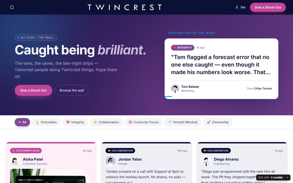 Twincrest recognition wall with shout-outs by value