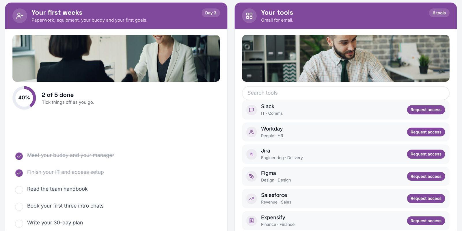 Your first weeks checklist and Your tools directory tiles