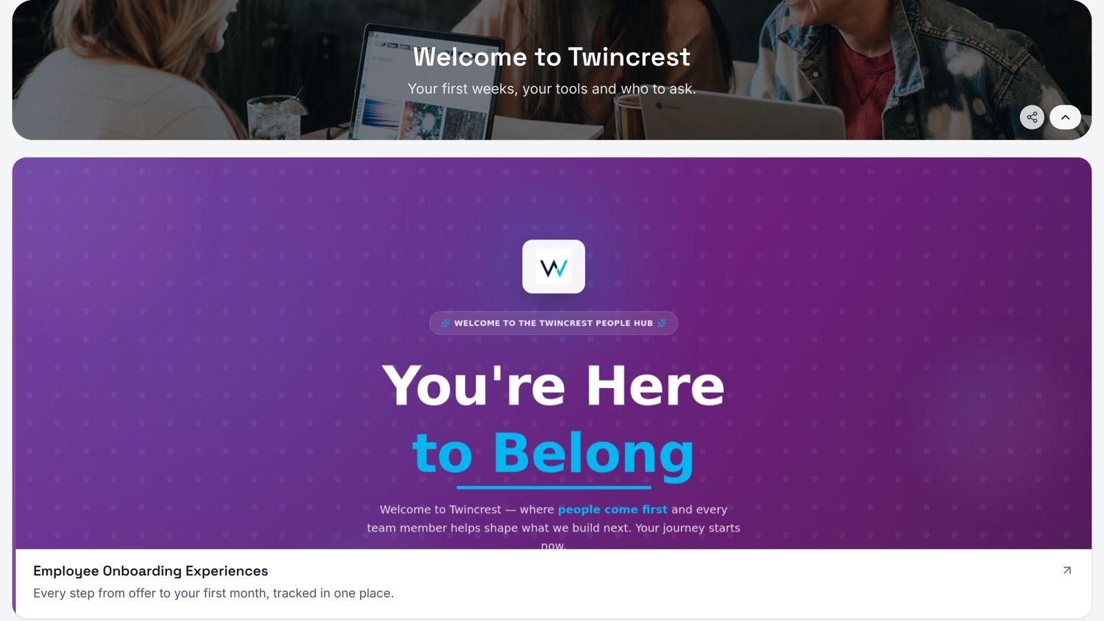 The Welcome to Twincrest onboarding section with a branded onboarding app