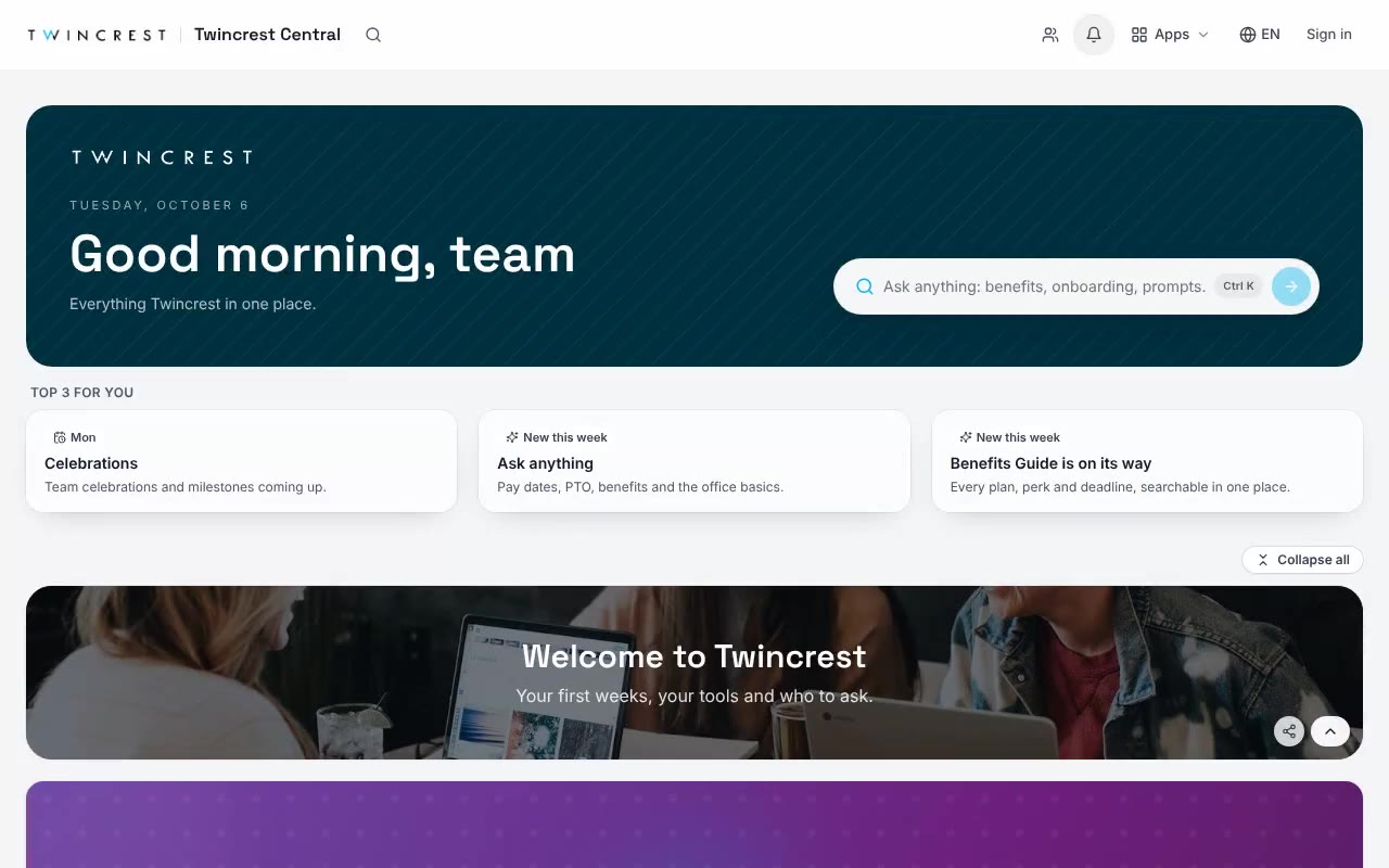 The Twincrest employee hub home page with a greeting and an Ask anything bar