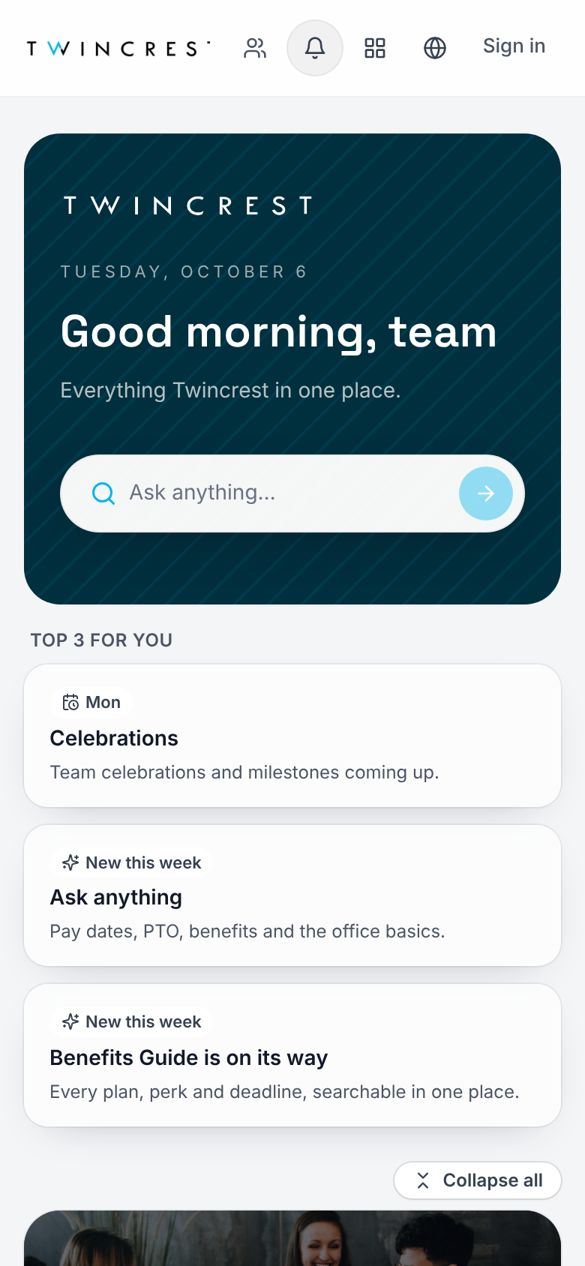 The same hub on a phone, with an Ask anything bar and a Top 3 list