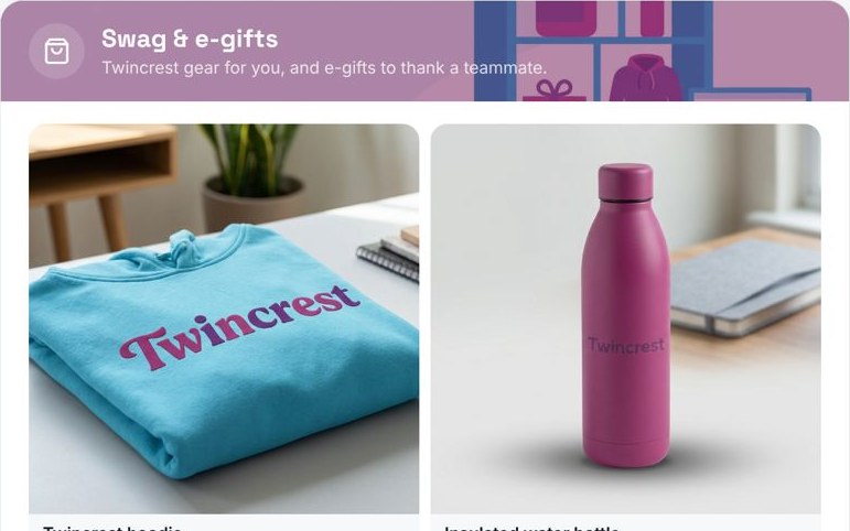 Quick pulse survey and Twincrest swag store with branded hoodie, bottle, tote and notebook