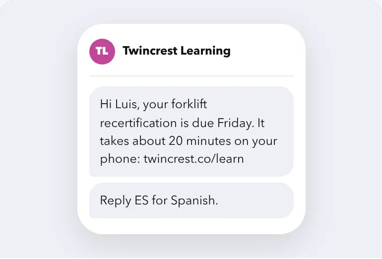 A recertification reminder sent by text