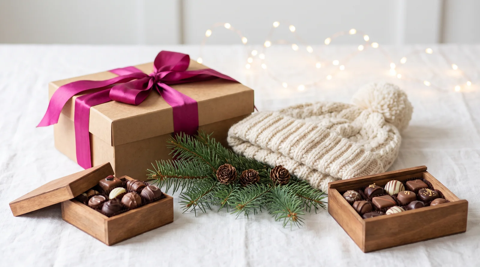 Holiday thank-you gift with chocolates and a knit beanie