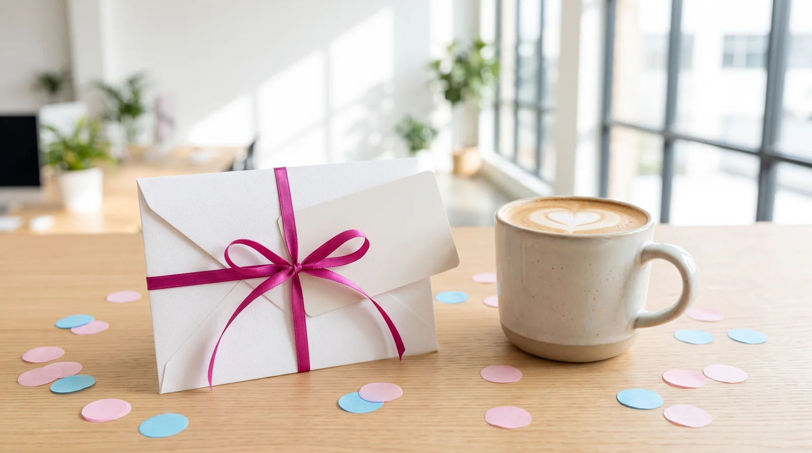 Spot award gift card envelope next to a coffee