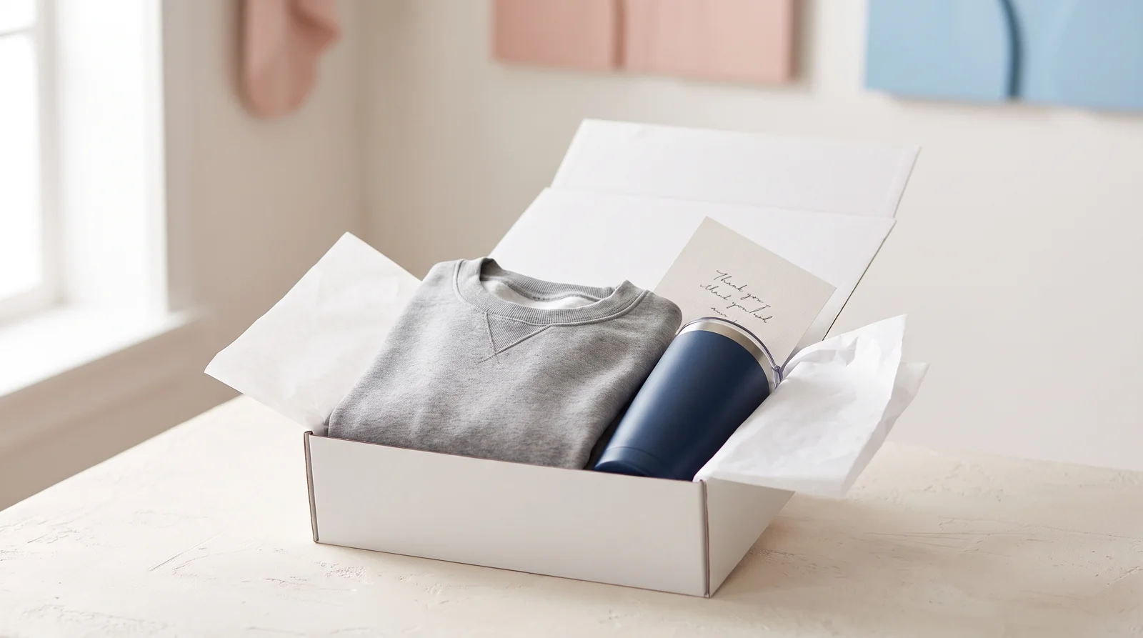 Work anniversary gift box with a sweatshirt, tumbler and thank-you card