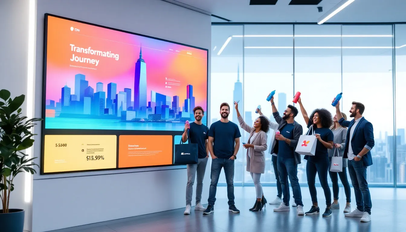 Excited employees showcasing exclusive company swag and merchandise.