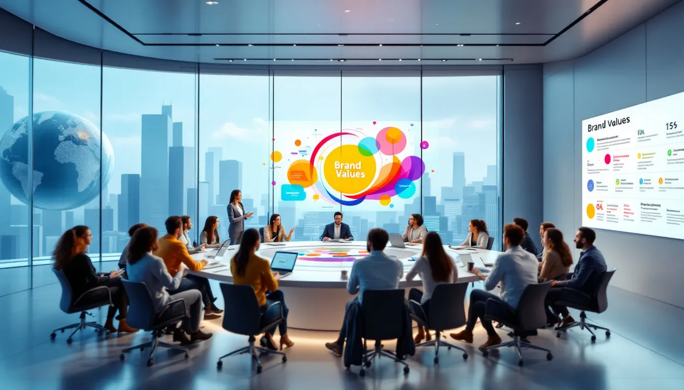 A group of diverse employees discussing brand values and strategies.