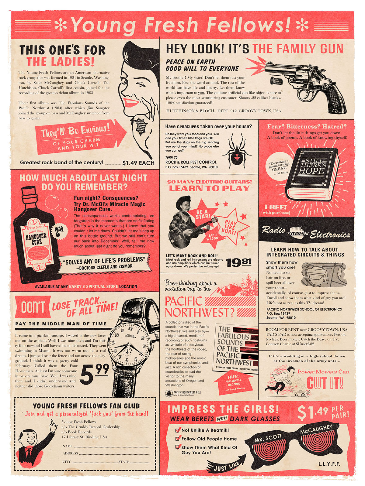 A poster honoring Young Fresh Fellows done in the style of vintage magazine ads