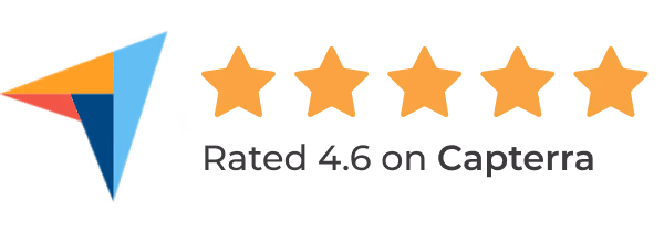 Capterra logo with five orange stars and text rating 4.6 on Capterra.