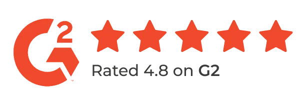G2 logo followed by five orange stars and text reading 'Rated 4.8 on G2'.