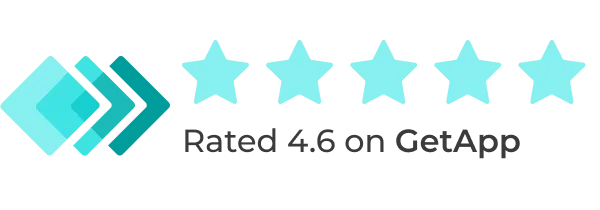 GetApp logo followed by a five-star rating and text reading Rated 4.6 on GetApp.