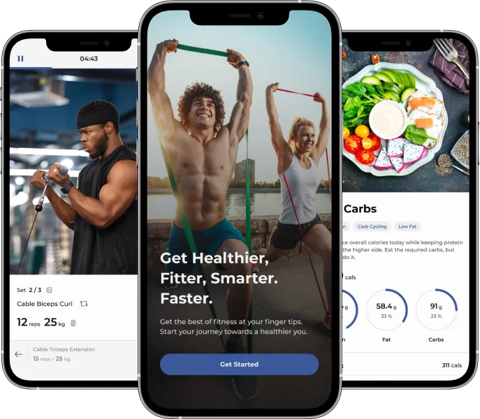 Three smartphone screens displaying a fitness app: the left screen shows a man doing cable biceps curls with workout stats; the center screen features a smiling man and woman exercising with resistance bands outdoors with text 'Get Healthier, Fitter, Smarter. Faster.'; the right screen displays a nutrition tracker with a plate of healthy food and carbohydrate intake details.