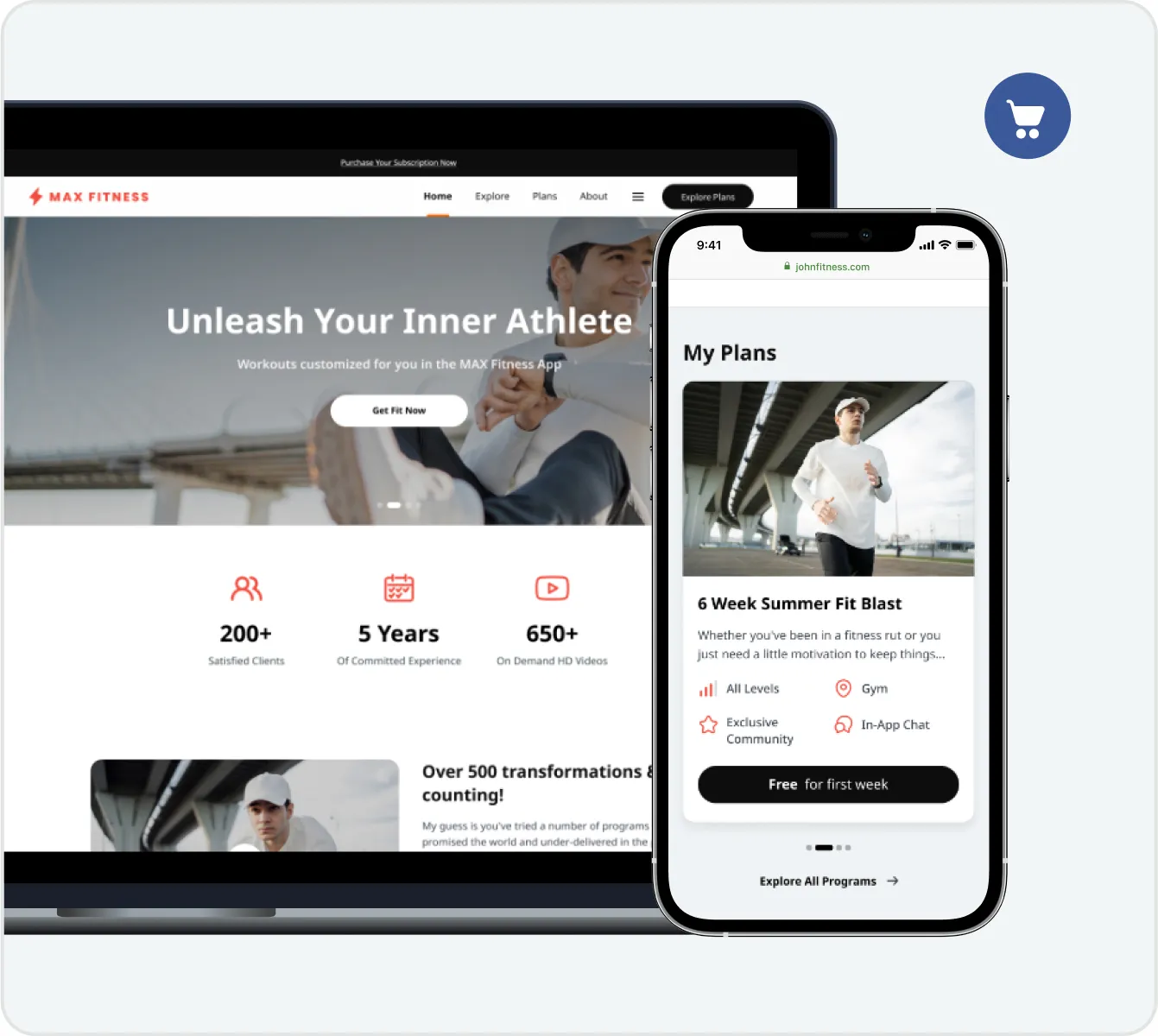 Laptop and smartphone displaying MAX Fitness app pages featuring workout plans, client stats, and a man running under a bridge.